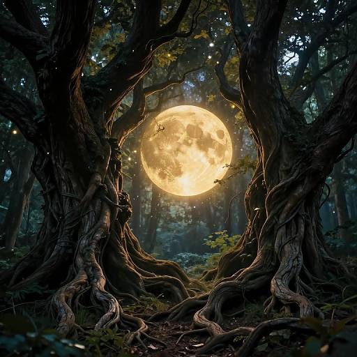 Ethereal Mystical Forest with Golden Moon