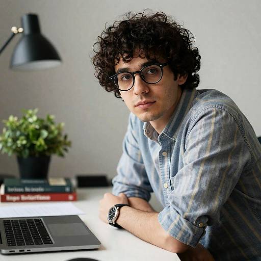 Curly-haired man with glasses leaning on desk