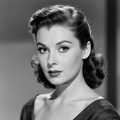 Black-and-white photograph of a 1940s-style woman with wavy, dark hair, dark lipstick, and a serious expression, wearing a dark