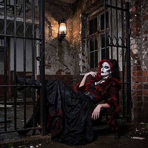 Gothic woman with white face paint, red fur coat, black dress, and boots, leans against dark, rusty iron gate in dimly lit