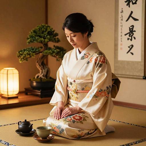 Photograph of an Asian woman in a floral-patterned, cream kimono, sitting on a tatami mat, beside a teapot and cup,