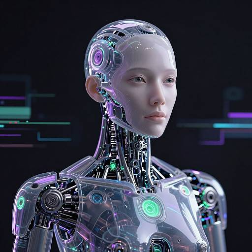 CGI image of a futuristic, transparent, cybernetic woman with glowing blue and purple circuits, against a dark, tech-themed background.