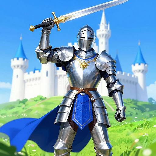 Digital illustration of a knight in shiny silver armor with a blue cape, holding a golden-hilted sword, standing on a grassy hill with a