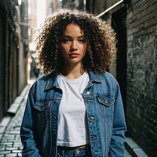 Woman with Kinky Curls in Denim Jacket