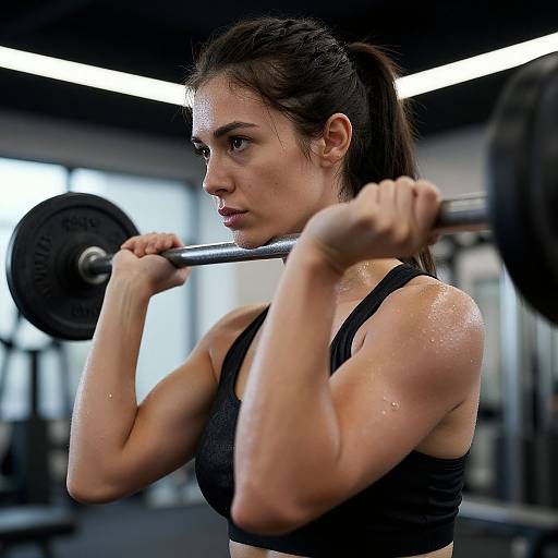 Photograph of a determined, sweating woman with dark hair in a ponytail lifting a barbell in a modern gym. She wears a black sports bra