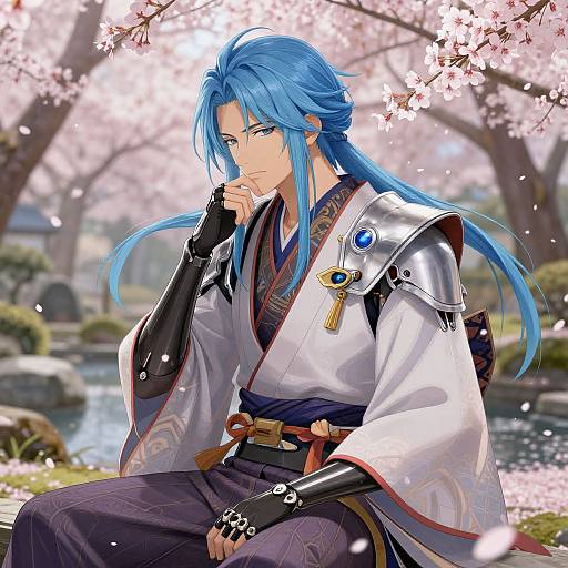 Blue Hair Anime Man in Cherry Blossom Garden