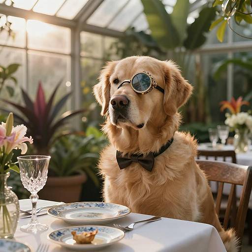 Golden Retriever in Monocle at Fine Dining Table