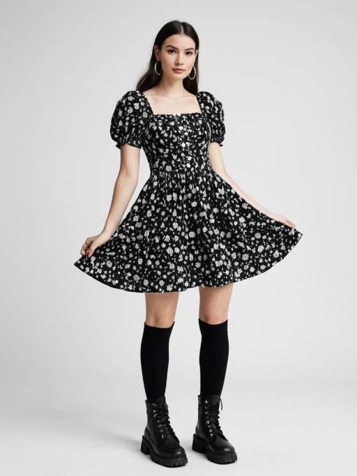 Woman in Black and White Floral Dress with Combat Boots
