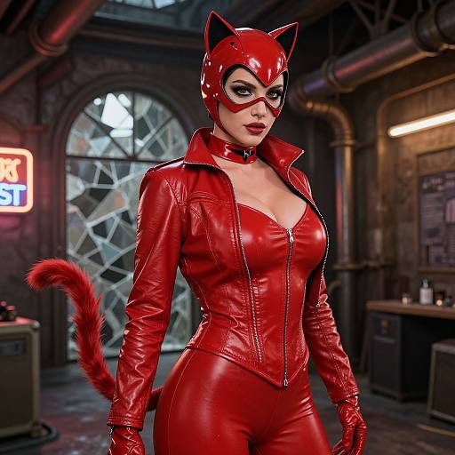Digital illustration of a confident woman in a red catwoman costume with leather jacket, mask, and tail, standing in a dark, industrial room with a
