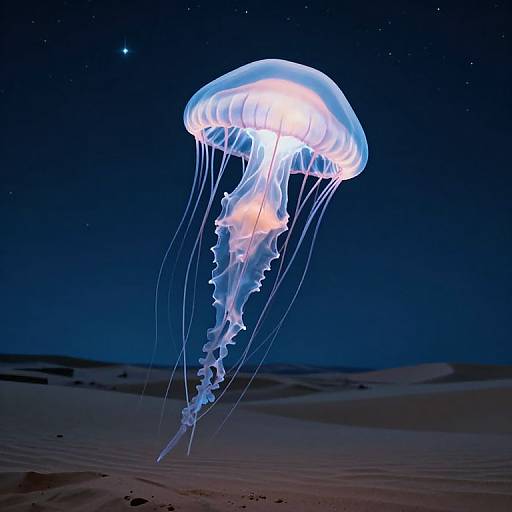 Photograph of a glowing, translucent jellyfish with long, wavy tentacles floating in a dark, starry ocean at night, above sandy d