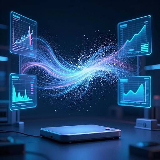 Digital illustration of glowing blue charts on floating screens, connected by neon waves of light, centered on a white laptop. Dark, futuristic background.