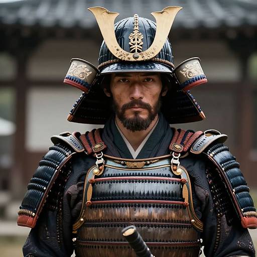Photograph of serious Japanese samurai with dark beard, wearing detailed black armor, gold embellishments, and traditional helmet with horn-like adornments, standing