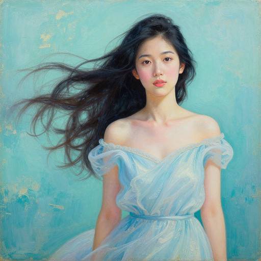 Digital painting of an Asian woman with long black hair, wearing an off-shoulder, light blue, sheer dress against a turquoise background. Her expression