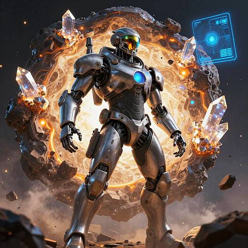 CGI image of a silver, futuristic, humanoid robot with glowing blue accents, standing amidst a fiery explosion of shattered rocks, with a holographic interface