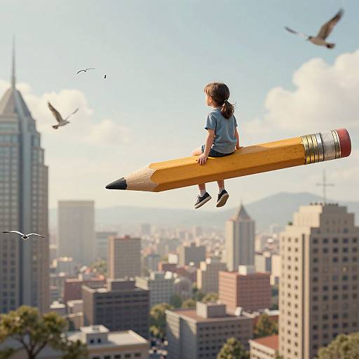 Photograph of a young girl with brown hair in pigtails, wearing a blue shirt and black shoes, sitting on a giant pencil floating above a