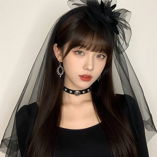 Photograph of an East Asian woman with pale skin, black hair, red lipstick, wearing a black choker, lace earrings, veil, and head