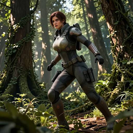 CGI image of a determined, dark-haired woman in tactical gear with armor and gloves, standing in a sunlit, dense forest. She has a