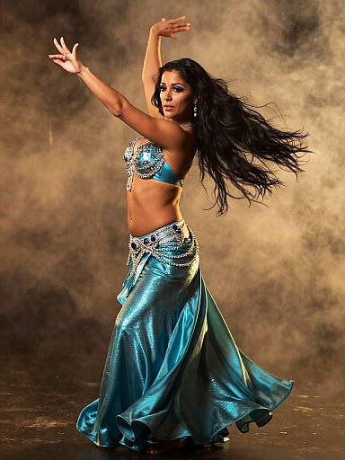 Dynamic Belly Dance Performance in Teal Costume