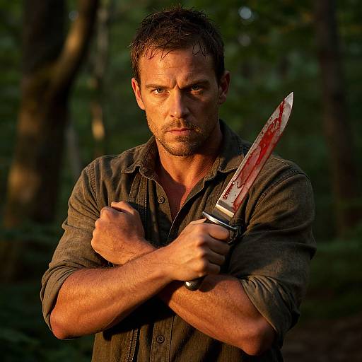 Photograph of a rugged, bearded man with intense gaze, holding a blood-stained knife, standing in a dark forest at sunset.