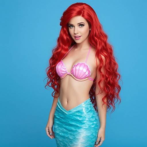 Photograph of a red-haired mermaid with long, wavy hair, pink seashell bra, and blue, fish-scale skirt, against a