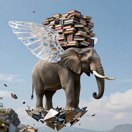 Digital artwork of a gray elephant with white tusks and transparent fairy wings, levitating above shattered rocks, carrying a towering stack of books against a bright