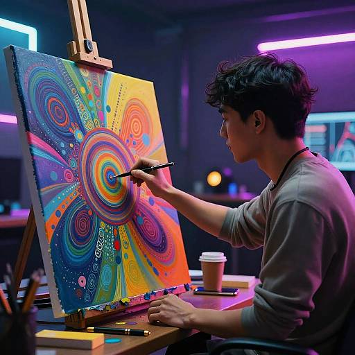 Futuristic AI Artist in Neon Studio