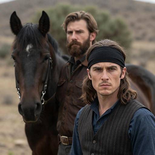 Two Men and a Horse in Rugged Landscape