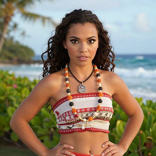 Photograph of a confident, curly-haired woman with brown skin, wearing a white and red patterned tube top adorned with beads, standing against a tropical