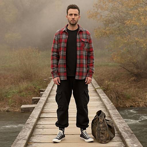 Photograph of a bearded man in a red plaid shirt, black pants, and sneakers standing on a wooden bridge, with a backpack beside him