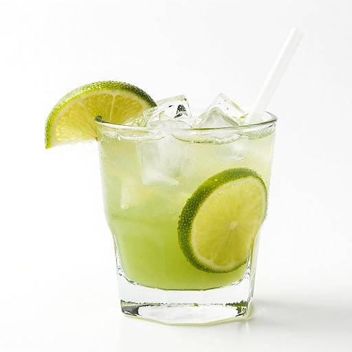 Photograph of a refreshing lime margarita in a clear glass, filled with ice, lime slices, and a wedge on the rim.