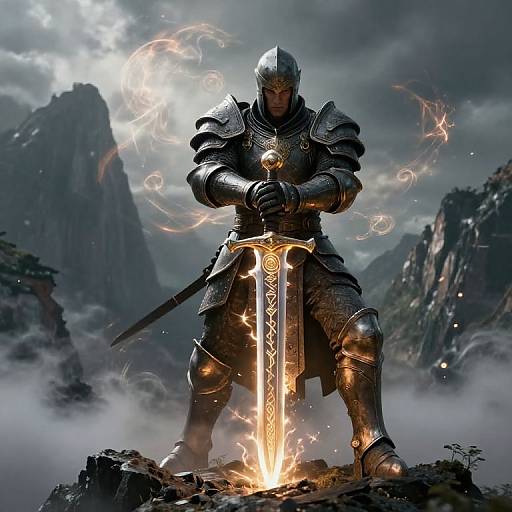 Digital artwork of a fierce armored knight with glowing sword, standing on rocky terrain, surrounded by swirling energy, under a cloudy sky with mountains.