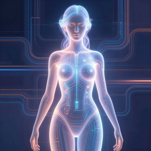 Neon-lit CGI of a glowing, wireframe female cyborg with visible circuitry, blue and white lights, and futuristic background.