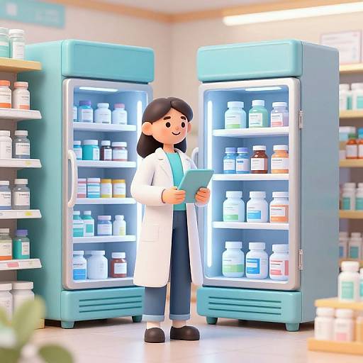 Cartoon-style image of a smiling female pharmacist with black hair, wearing a white lab coat, standing in front of brightly lit double refrigerators filled with