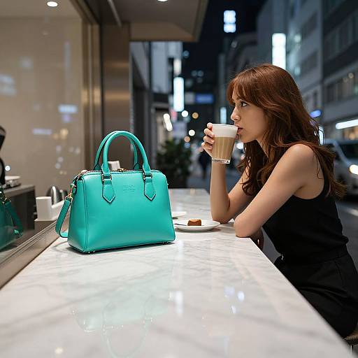 Photograph: Brown-haired woman in black tank top sips iced coffee at city sidewalk cafe, turquoise handbag on marble counter. Urban background.