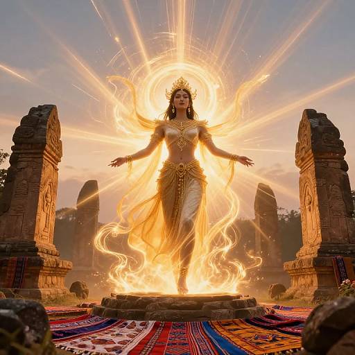 Photograph of a radiant, golden-skinned goddess with fiery aura, adorned in traditional attire, standing on a stone platform between ancient ruins, surrounded by