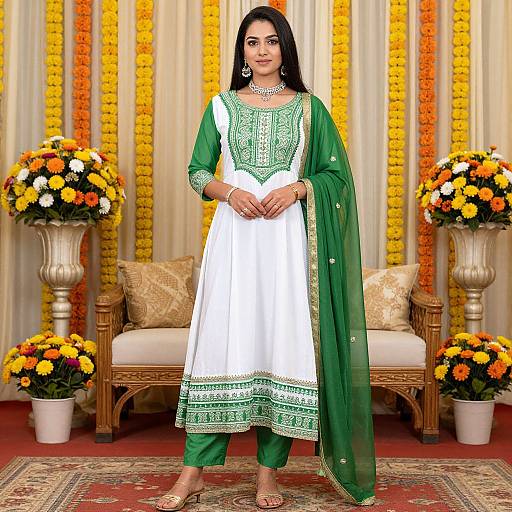 Photograph of an Indian woman in a green and white traditional salwar kameez, standing in front of floral arrangements and yellow marigold gar