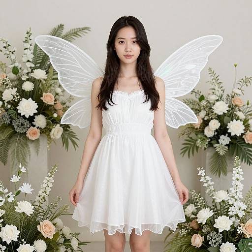 Photograph of an Asian woman with long black hair, wearing a white, sleeveless, knee-length dress and transparent fairy wings, standing in front of