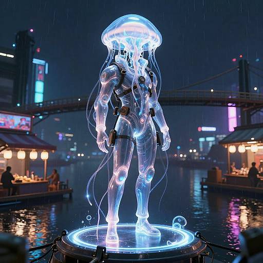 Bioluminescent Jellyfish Courier in Cyberpunk Harbor