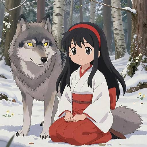 Cute Girl and Wolf in Snowy Forest
