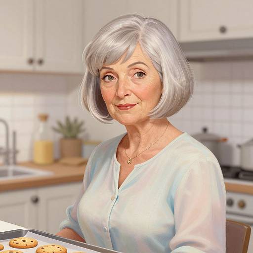 Digital illustration of an elderly woman with silver bob, wearing a light blue blouse, baking cookies in a bright kitchen.