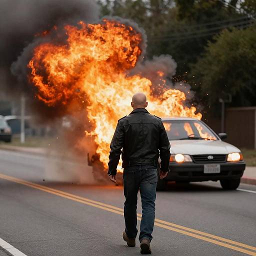 Bald Man Walking Amidst Explosive Chaos