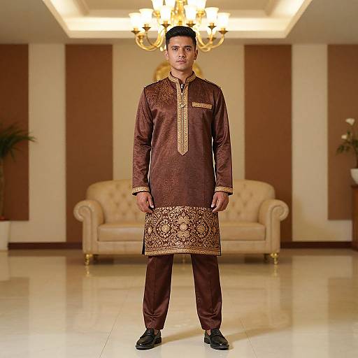 Photograph of a young South Asian man standing in a luxurious room, wearing a brown, intricately embroidered traditional kurtah and pyjamas,