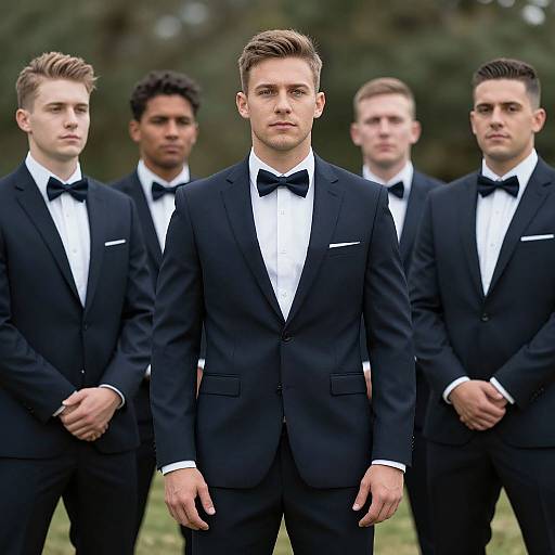 Photograph of five young, white men in black tuxedos with white shirts and black bow ties, standing outdoors with serious expressions.