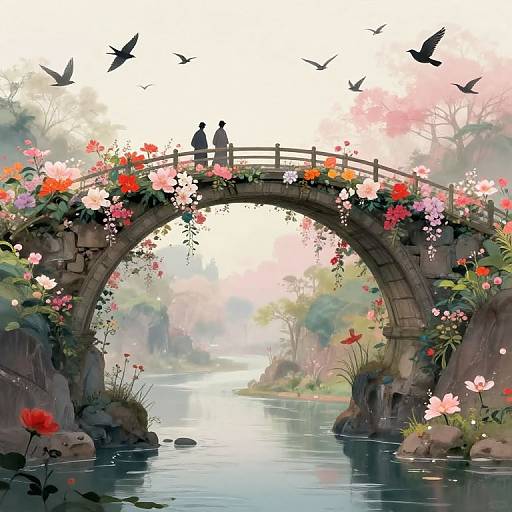 Digital illustration of a floral arch bridge over a serene river, with silhouetted couple, birds flying, and vibrant flowers.