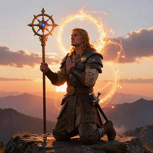 Photograph of a blond, armored warrior kneeling on a rocky cliff, holding a glowing, circular staff at sunset, with fiery rings surrounding their head and