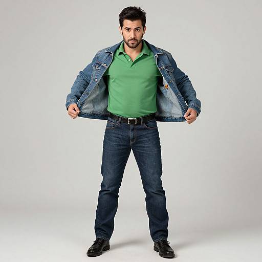 Photograph of a bearded man with short dark hair, wearing a green polo shirt, denim jacket, black jeans, and black shoes, standing against