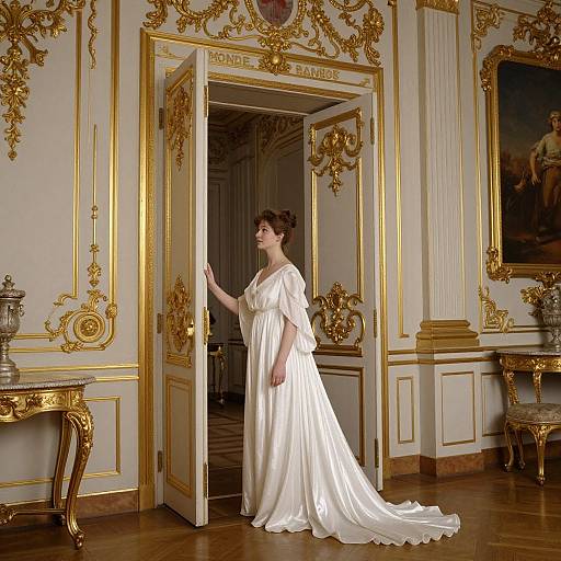 Photograph of a fair-skinned woman in an elegant white, floor-length, V-neck gown standing in an ornately gilded, classical European room