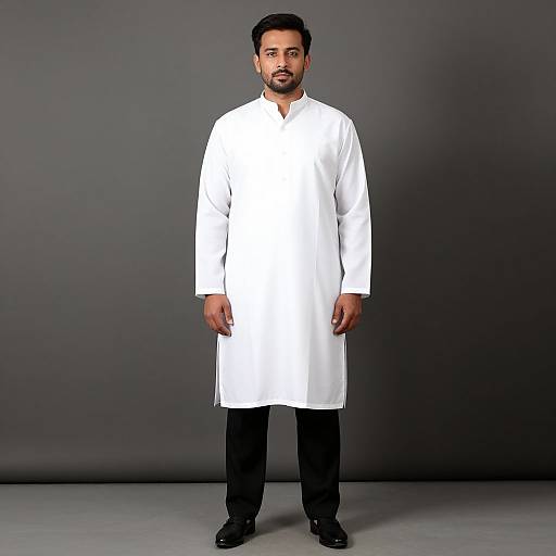Photograph of a short, dark-haired man with a beard, wearing a white long-sleeve chef's coat, black pants, and black shoes