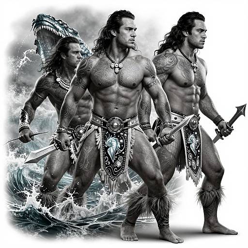 Photorealistic digital artwork of three muscular, tattooed Native American warriors with long hair, holding knives, wearing tribal skirts, and adorned with jewelry,