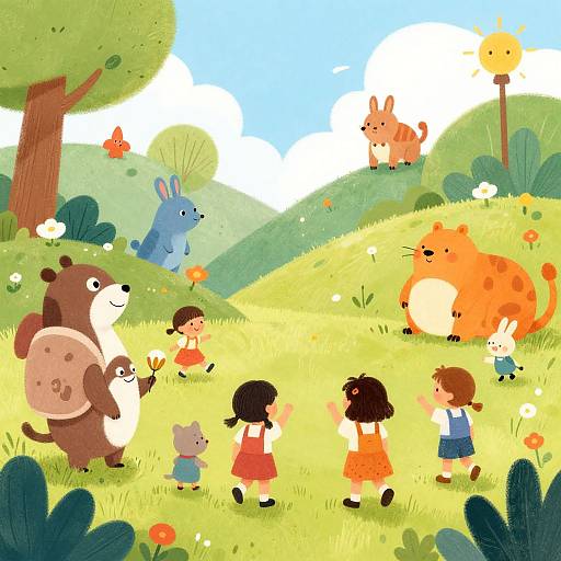 Whimsical illustration of children and cartoon animals in a sunny, colorful meadow with hills, trees, and flowers, under a bright blue sky.